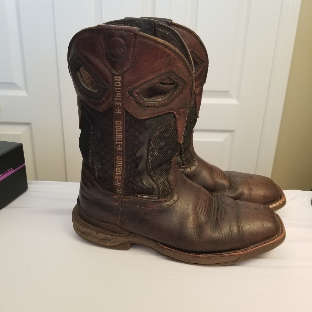 Double H Mens Waterproof Square Toe Western Work Boots Brown Leather 7.5 2E